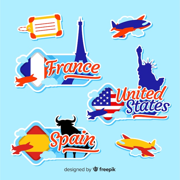 Flat country stickers set