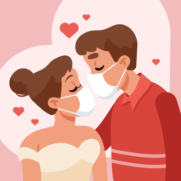 Flat couple kissing with covid mask illustration