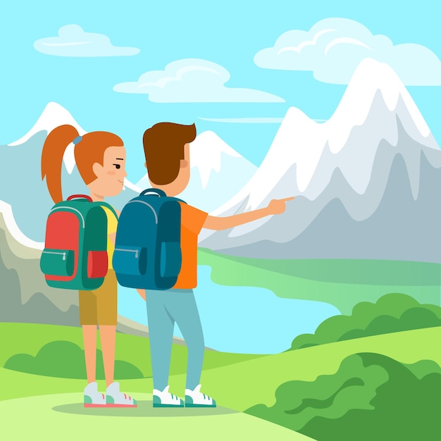 Плоская пара с рюкзаками, наслаждаясь природой с видом на горы векторные иллюстрации Концепция отпуска