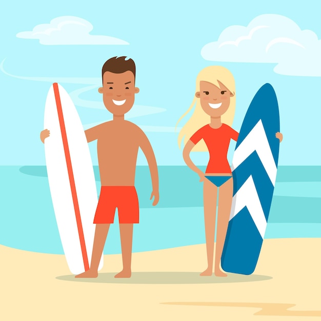 Flat couple with surfboard on sea beach nature background vector illustration vacation concept