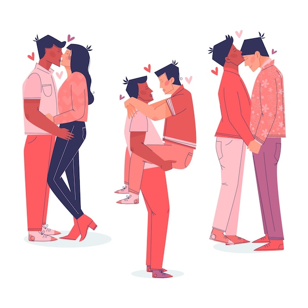 Free vector flat couples kissing collection