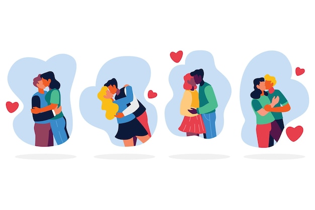 Free vector flat couples kissing set illustration