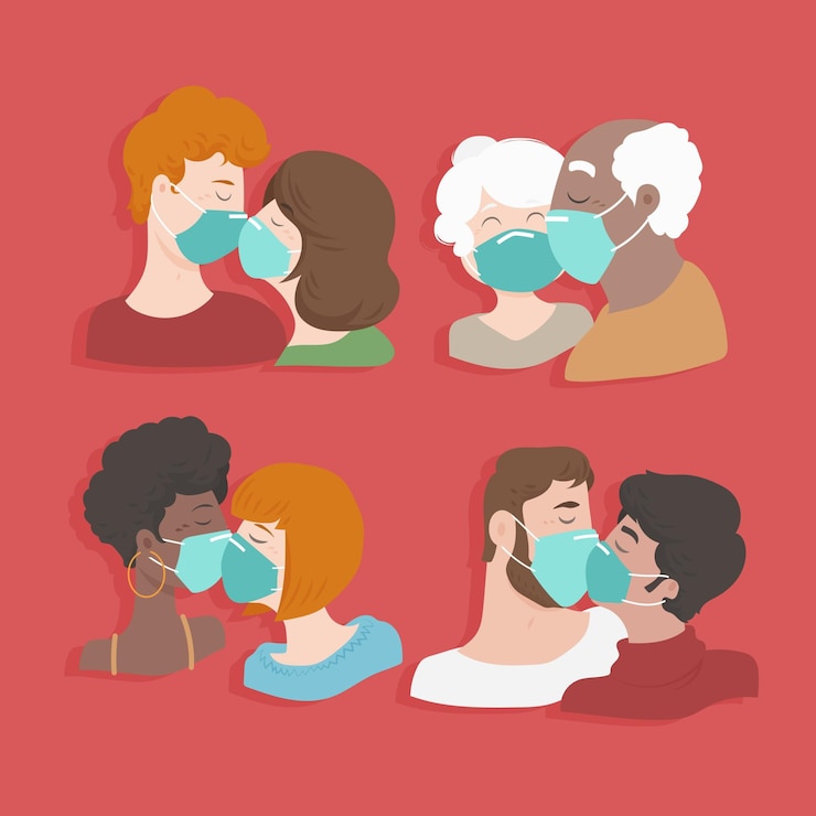 Free Vector flat couples kissing with covid mask illustration