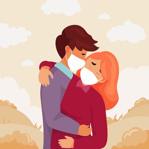 Flat couples kissing with covid mask illustration