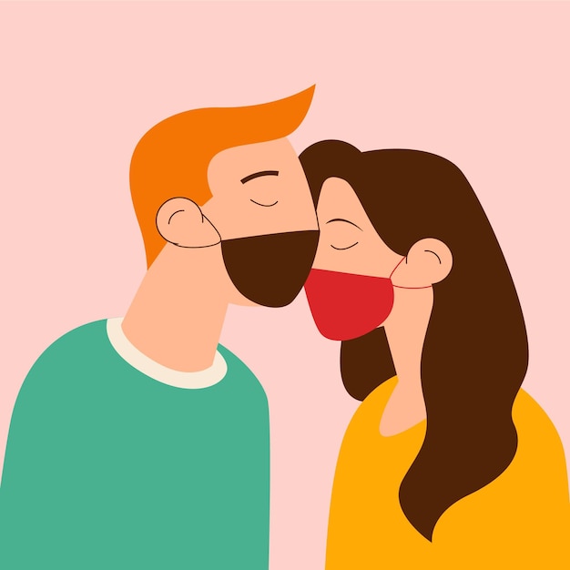 Free vector flat couples kissing with covid mask illustration