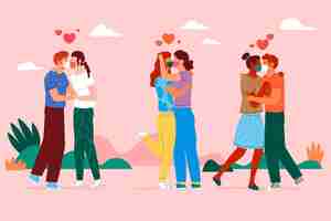 Free vector flat couples kissing with covid mask illustration