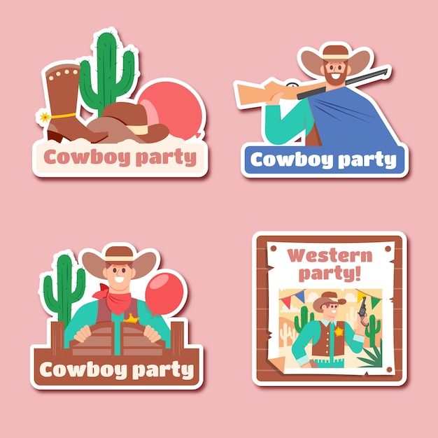 Vettore gratuito collezione di distintivi per feste da cowboy piatte