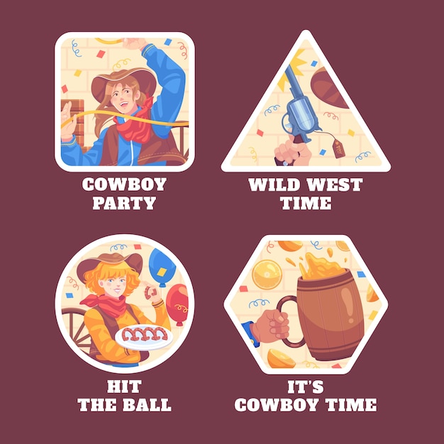 Collezione di distintivi per feste da cowboy piatte