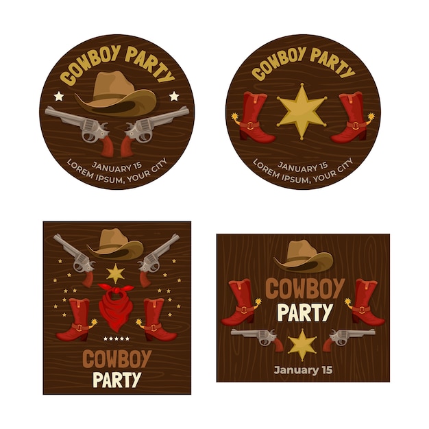 Flat cowboy party badges collection