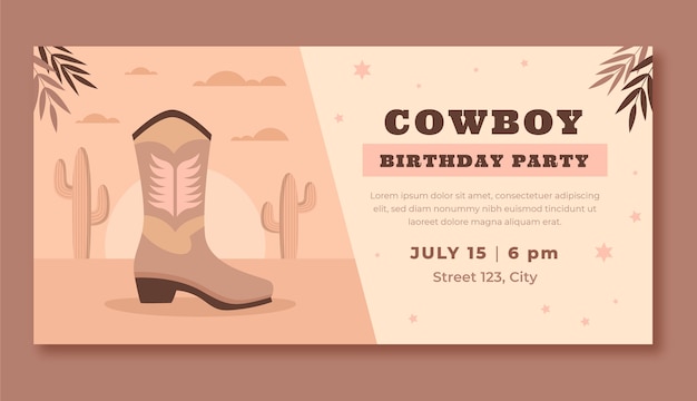 Flat cowboy party horizontal banner template