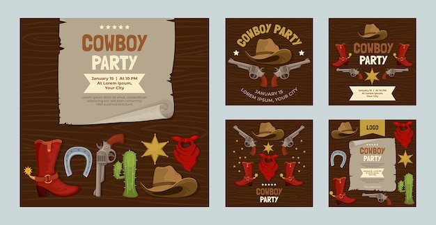 Flat cowboy party instagram posts collection