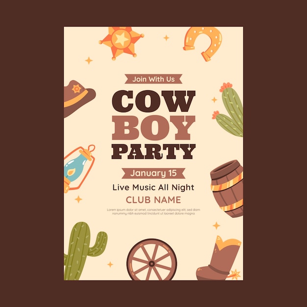 Flat cowboy party invitation template