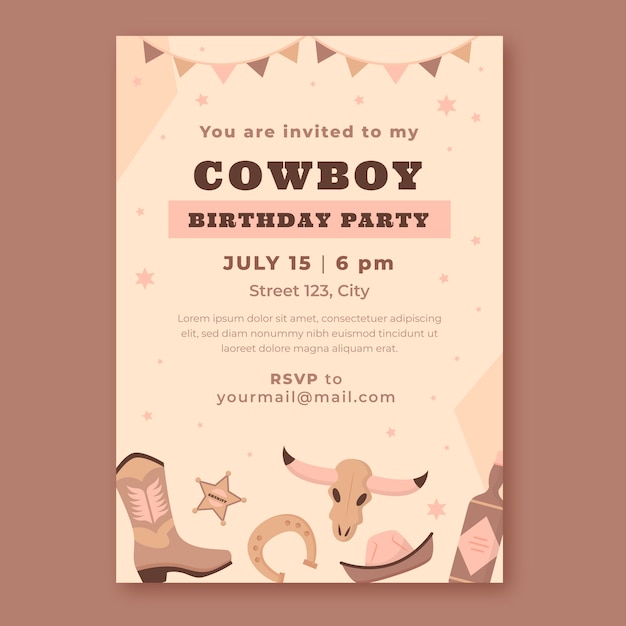 Flat cowboy party invitation template