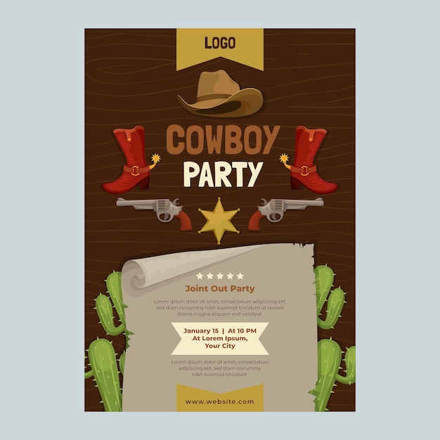 Vettore gratuito modello di invito a una festa da cowboy piatto