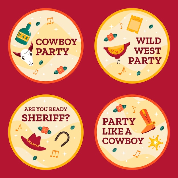 Flat cowboy party labels collection