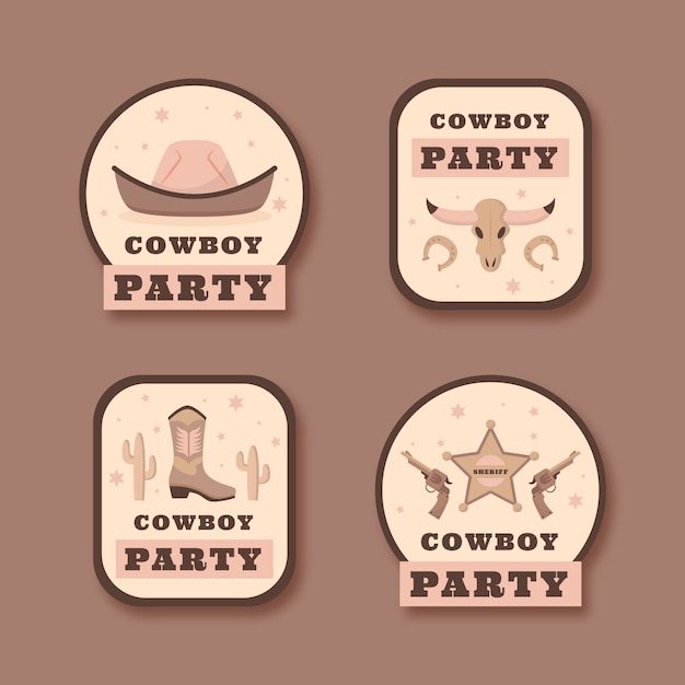 Flat cowboy party labels collection