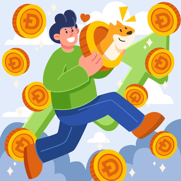 Vettore gratuito illustrazione piatta di dogecoin di criptovaluta con persone del fumetto dell'uomo