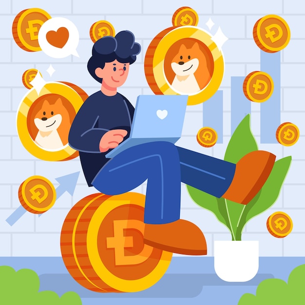 Flat Cryptocurrency Dogecoin Illustration with man cartoon people