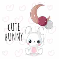 Free vector flat cute animal bunny with balloon and moon illustration for kids. cute bunny character