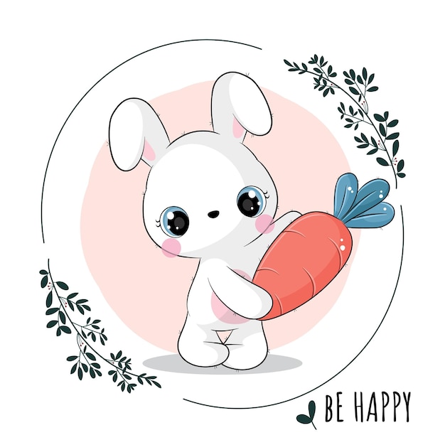 Flat cute animal bunny with carrot illustration for kids. cute bunny character