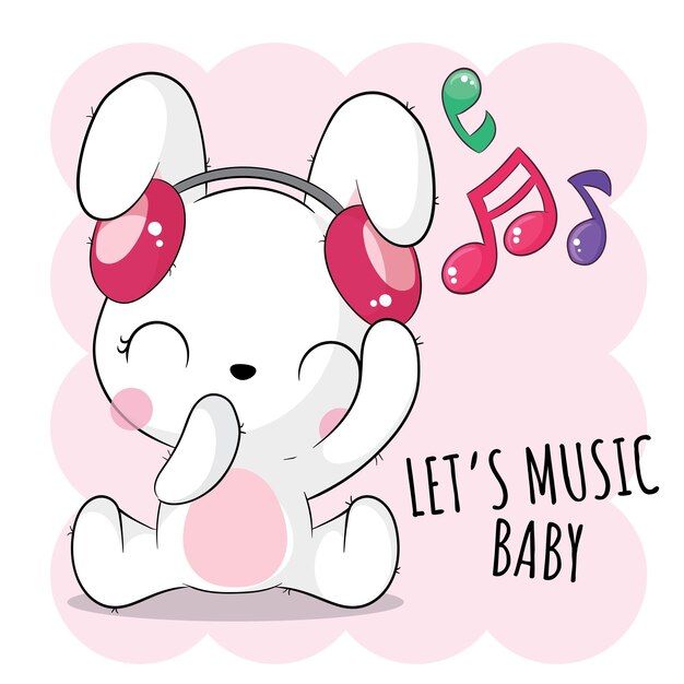 Flat cute animal bunny with music illustration for kids. Cute bunny character