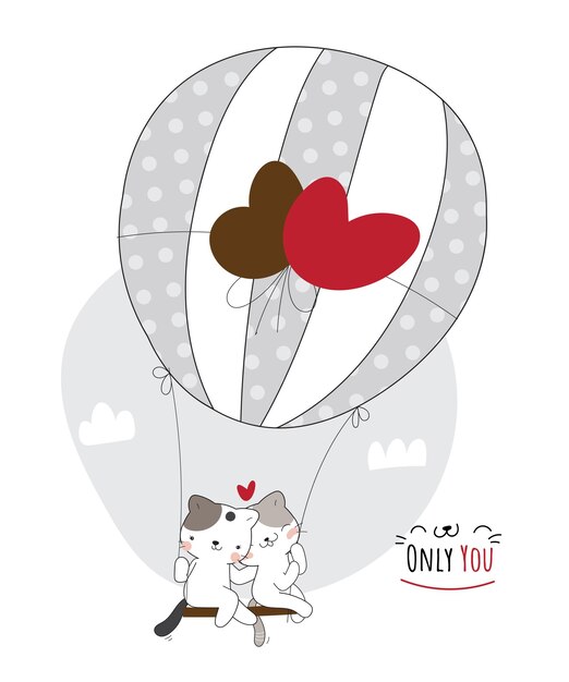 Flat cute animal cat flying with balloon illustration for kids