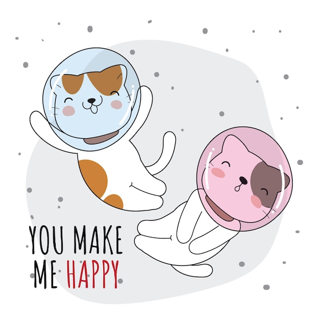 Flat cute animal cat on the space illustration for kids Cute cat character