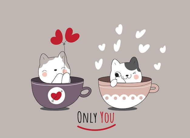 Flat cute animal cat with friend on coffee cup illustration for kids