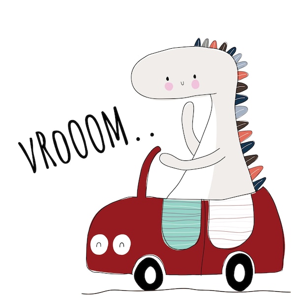 Vettore gratuito dinosauri animali piatti e carini sull'illustrazione dell'auto per bambini simpatico personaggio dino