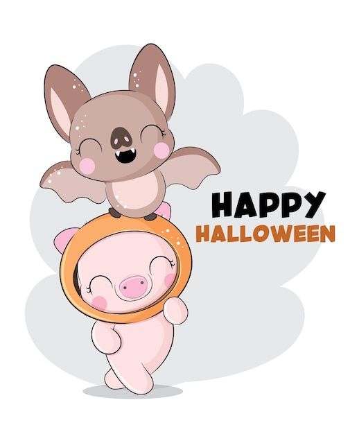 Flat cute animal happy halloween illustration for kids.  cute halloween character