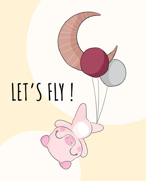 Flat cute animal pig happy flying with balloon illustration for kids. Cute pig character
