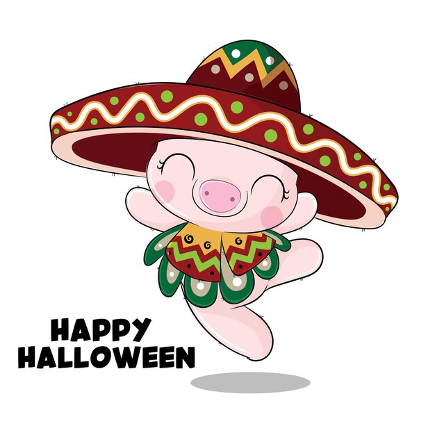 Flat cute animal pig with sombrero hat illustration for kids. Cute pig character