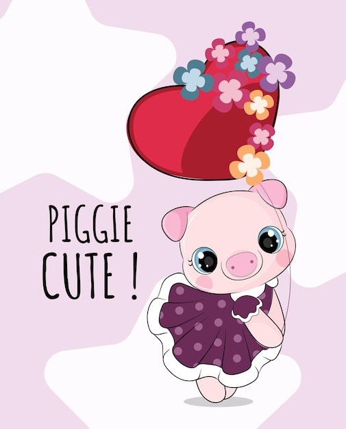 Flat cute animal pretty pig with balloon illustration for kids. Cute pig character