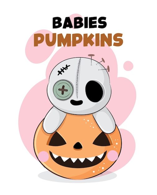 Free vector flat cute animal voodoo with pumpkin halloween illustration for kids. cute bunny character