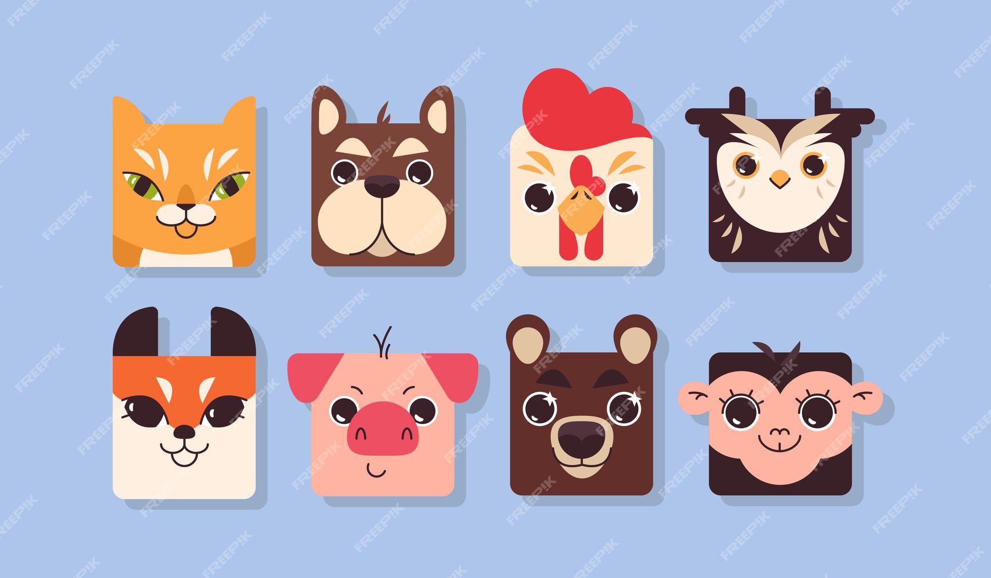 Free Vector | Flat cute colorful square animal faces funny pig cow dog cat  fox monkey bear and chicken zoo game elements for kids app avatar icon set  kid collection head shape