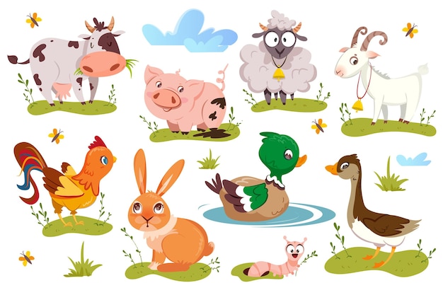 Free vector flat cute farm animals and funny birds