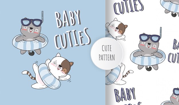 平らなかわいい小さな猫幸せな飛行動物パターンイラスト プレミアムベクター 平らなかわいい小さな猫幸せな飛行動物パターンイラスト プレミアムベクター