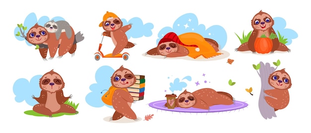 Free vector flat cute sloth sleeping riding a scooter doing yoga and hanging tree