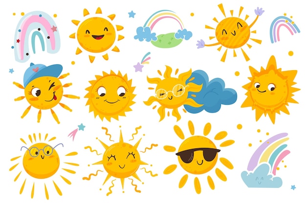 Flat cute sun with happy emotions clouds and rainbow