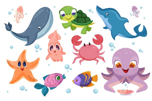 Simpatici animali marini sottomarini piatti e pesci diversi
