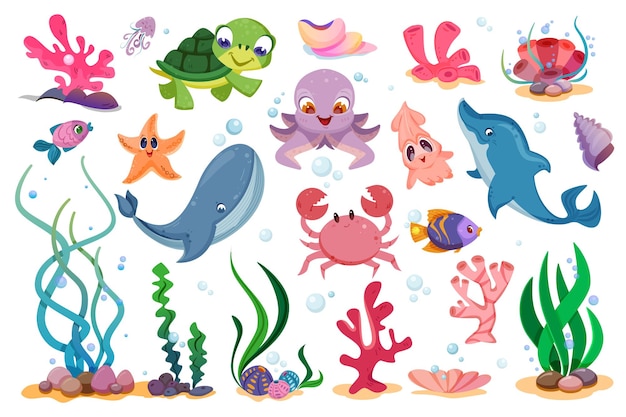 Flat cute underwater sea animals marine plants and fishes