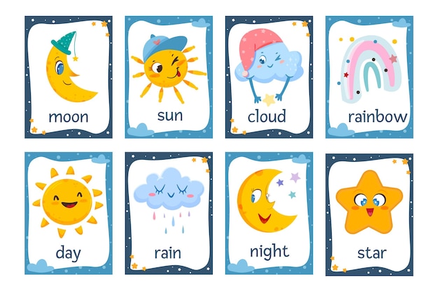 Flat cute weather flash cards for preschool kids