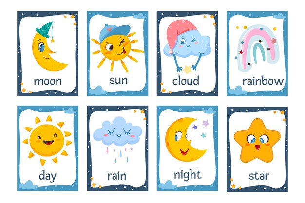 Flat cute weather flash cards for preschool kids