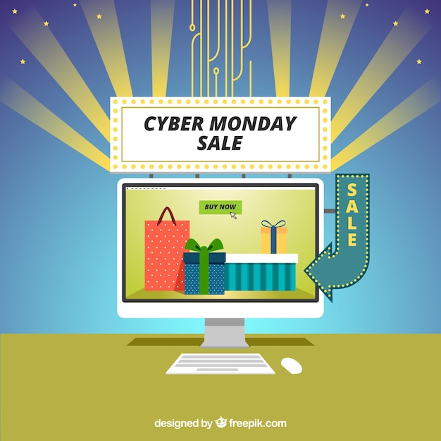 Free Vector | Flat cyber monday background with a computer and gifts