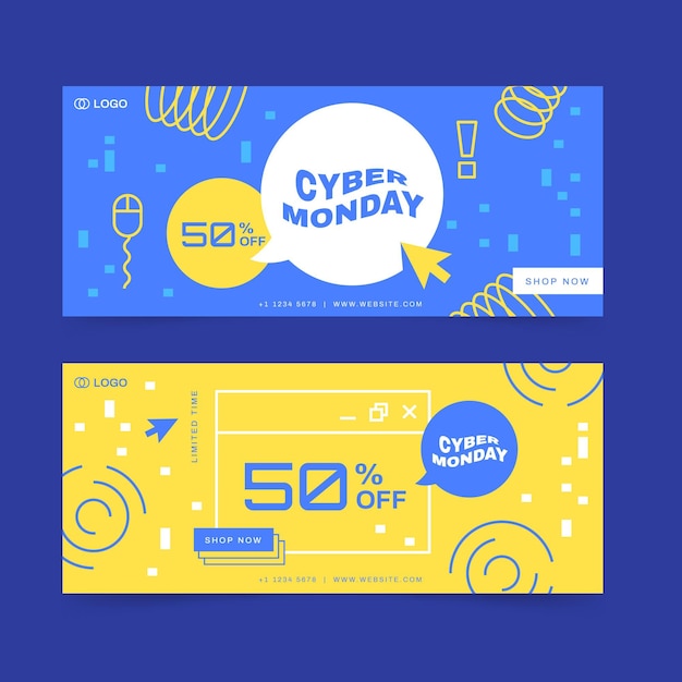 Flat cyber monday horizontal sale banners set