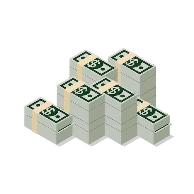 Free vector flat d isometric heap of dollar banknote pack web infographics concept