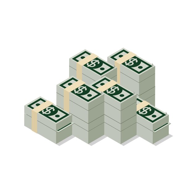 Flat d isometric heap of dollar banknote pack web infographics concept