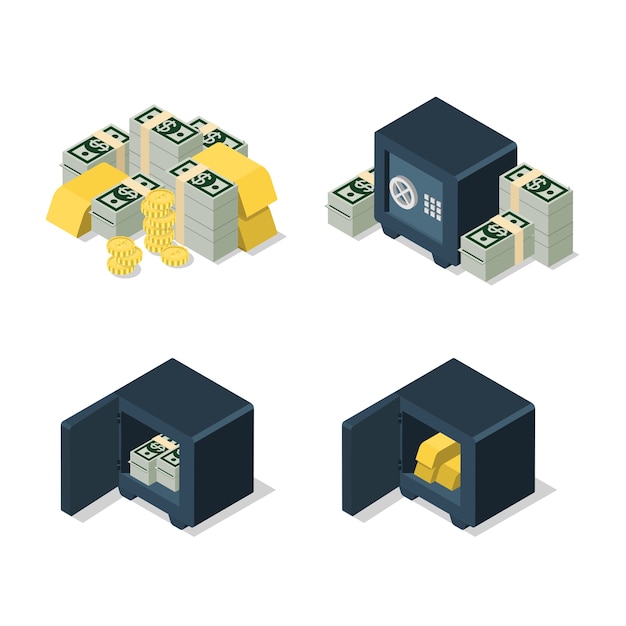 Flat d isometric set of dollar banknote coin golden bar heap security safe web infographics concept