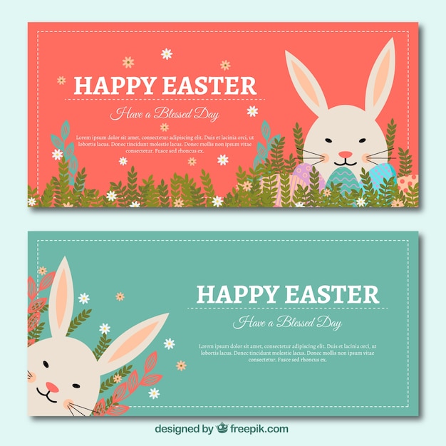 Flat decorative banners with cute easter rabbit