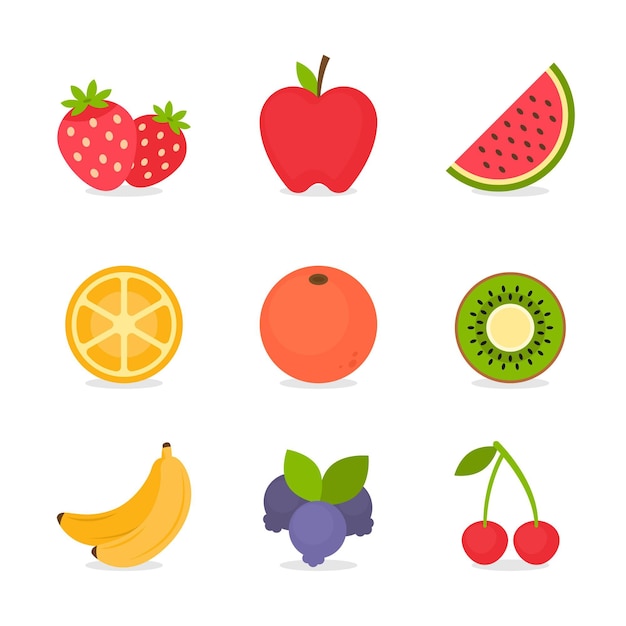 Плоская коллекция вкусных фруктов